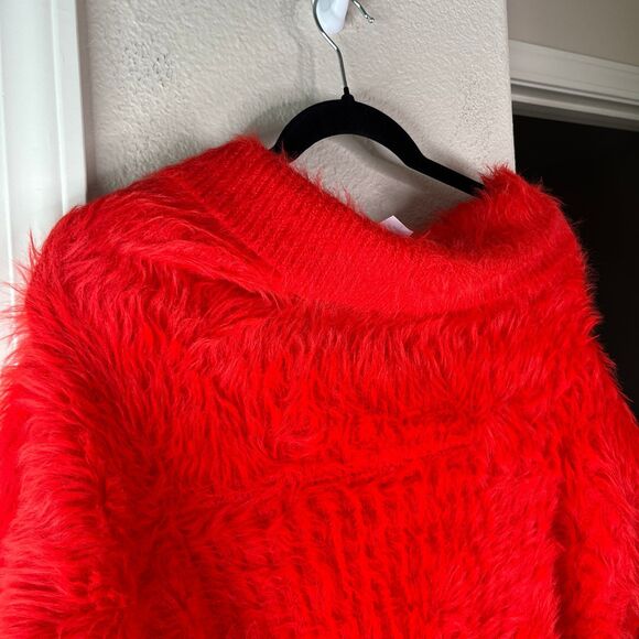 Forever 21+ Off The Shoulder Fluffy Red Sweater Red Size 0X #654 - Picture 3 of 9